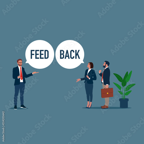 Business team telling feedback to each other. Employee feedback, message discussion,  comment each other. Flat vector illustration. 