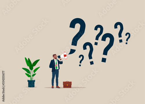 Ask questions to get answer for solving problem, request explanation to solve issue. Flat modern vector illustration. 