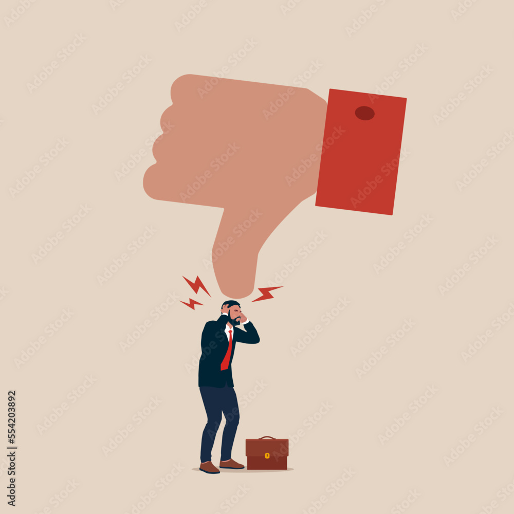 Sad businessman and hand with thumbs down. Flat modern vector flat illustration. Sad businessman and hand with thumbs down. Flat modern vector flat illustration.