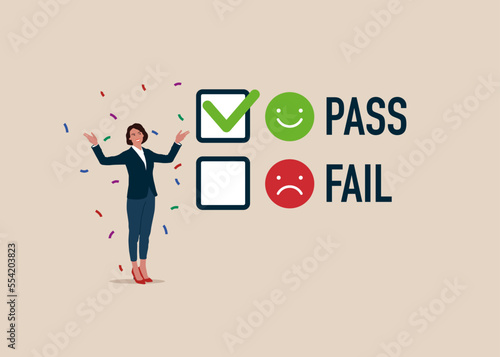 Businesswoman near  to pass Checkbox Marking Survey With Emoticon Icons. Flat modern vector illustration.