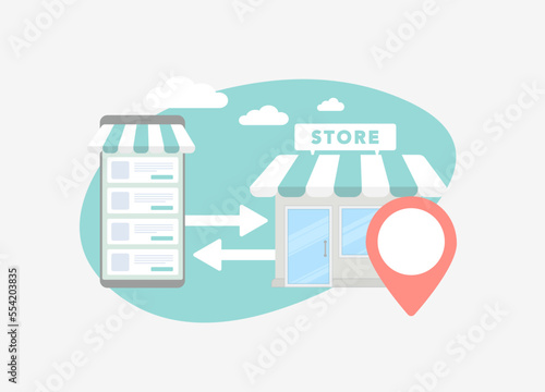 Online to offline - O2O ecommerce concept. Pickup, fitting and checking online order from an offline store. Mobile shopping and mall store building retail marketing strategy