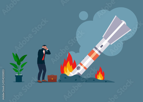 Startup rocket crash.  Unhappy businessman sad about launching not working project, management failed to achieve profit. Vector flat style cartoon illustration.