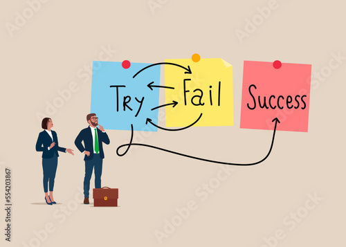 Purpose and movement to success despite obstacles. Try - Fail - Success. Vector flat style cartoon illustration.