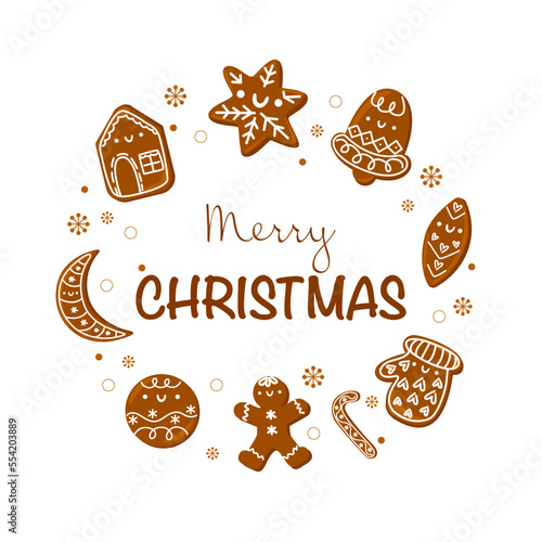Merry Christmas text in round frame made of gingerbread cookies. Cartoon hand drawn vector isolated on white background.