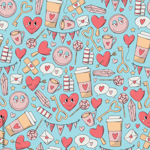 Valentine's day seamless pattern with doodles on blue background for wrapping paper, scrapbooking, stationary, textile prints, wallpaper, backgrounds, etc. EPS 10