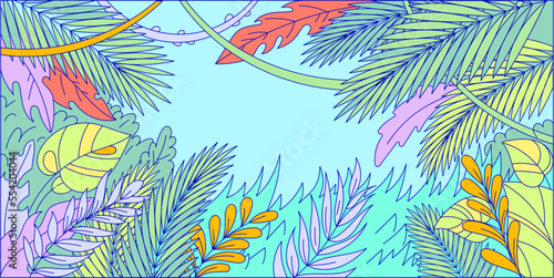 Concept web banner, green tropical leaf, advertising marketing poster cartoon line vector illustration. Hot rainforest landscape.