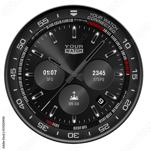 Realistic watch clock chronograph stainless steel black face dashboard design modern luxury fashion object for men on white background vector
