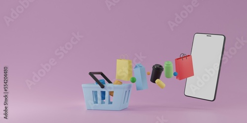 Online shopping concept with grocery fly or levitate from smartphone to basket on pink background 3D rendering illustration