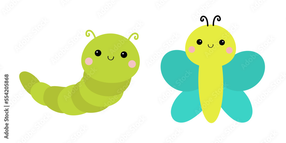 Obraz premium Caterpillar butterfly insect icon set. Crawling catapillar bug. Cute cartoon funny character. Baby collection. Smiling face. Flat design. CGreen yellow blue color. White background. Isolated.