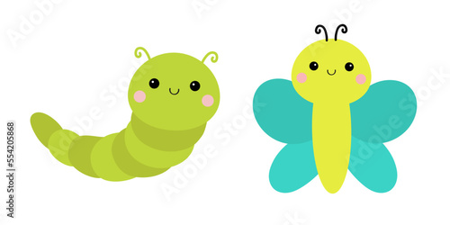 Caterpillar butterfly insect icon set. Crawling catapillar bug. Cute cartoon funny character. Baby collection. Smiling face. Flat design. CGreen yellow blue color. White background. Isolated.