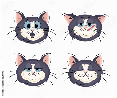 Set of cat emotions disdain,sad, relax, sick. Funny cartoon character in vector illustration.