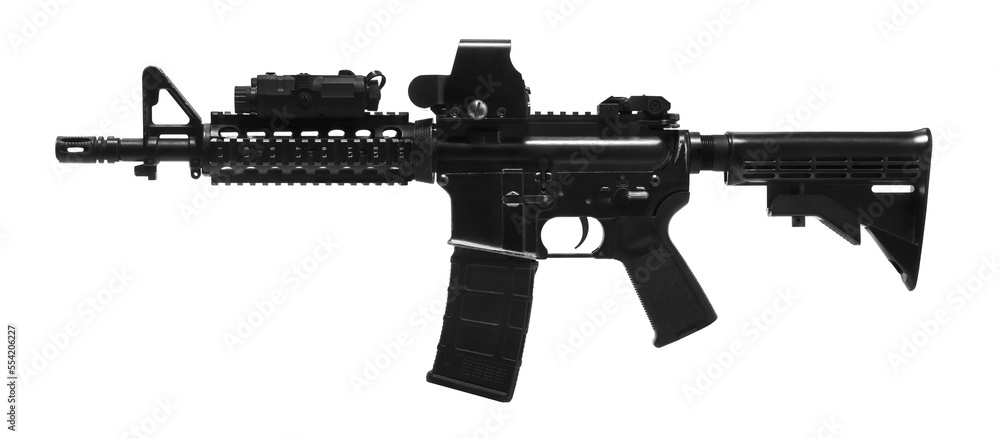 Weapons and military equipment for army, Assault rifle gun (M4A1) with attachment, red dot sign isolated on white background