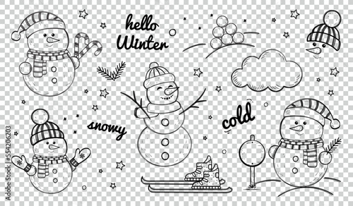 Snowman Winter Doodle Icons Set - Different Vector Illustrations Isolated On Transparent Background