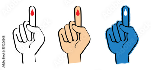 Cartoon hand, blood drop. World diabetes day. Human hands and lifted up index. Finger and drops of blood. November 14, global awareness month campaign focusing on diabetes. Blue circle, ring ribbon.