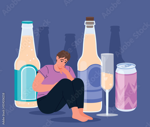 Alcohol abuse concept. Man near glasses and bottles of alcoholic drinks. Addiction and psychological problems, mental health. Depression and frustration, bad habits. Cartoon flat vector illustration