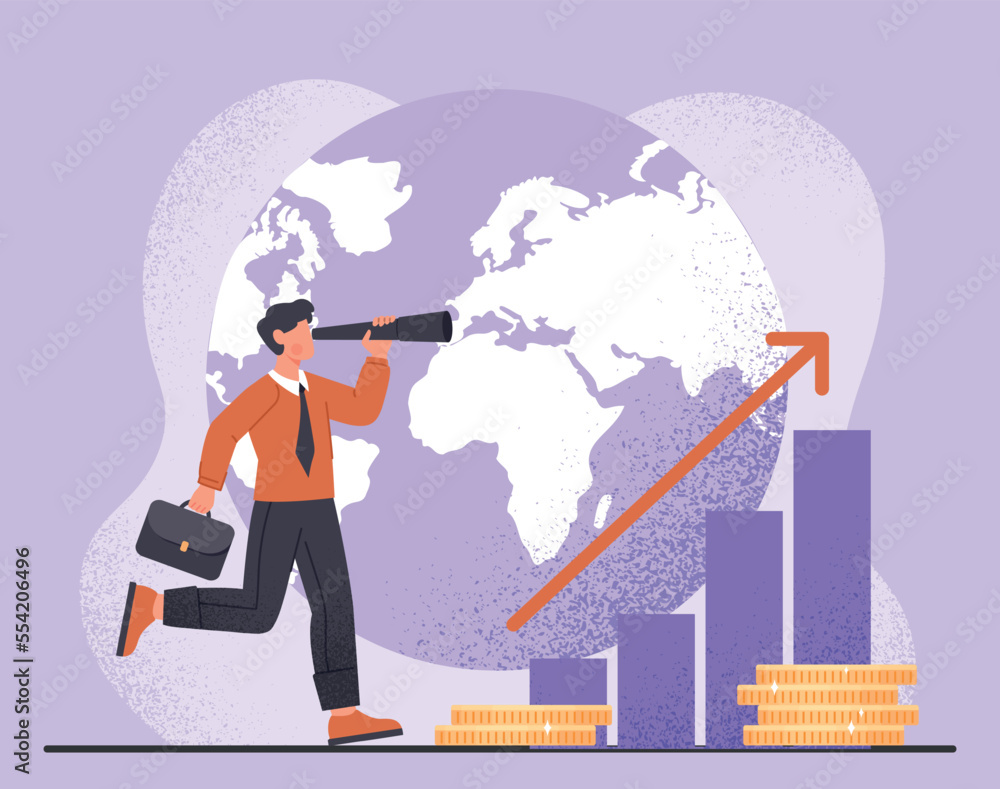 Businessman with telescope and coins. Metaphor of planning and goal setting, motivation. Financial literacy and passive income. Successful entrepreneur or investor. Cartoon flat vector illustration Businessman with telescope and coins. Metaphor of planning and goal setting, motivation. Financial literacy and passive income. Successful entrepreneur or investor. Cartoon flat vector illustration