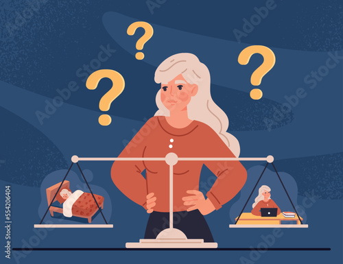 Balance between income and leisure. Young girl near scales makes schedule of day. Choice between sleep and work. Poster or banner for website. Career or health. Cartoon flat vector illustration