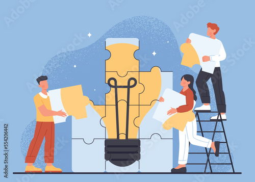 Concept of brainstorm. People collect light bulb from puzzles. Creative personalities and brainstorming. Partnership and teamwork, cooperation and collaboration. Cartoon flat vector illustration