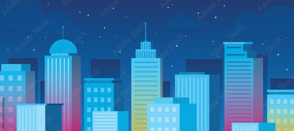 Cityscape in darkness. Night landscape, skyscrapers and urban architecture. Graphic element for website. Poster or banner. Highrise buildings concept. Cartoon flat vector illustration