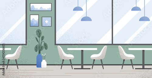 Cafe interior concept. White chairs and tables by windows. Poster or banner for website. Place to relax after work and study. Comfort and coziness indoors, decoration. Cartoon flat vector illustration