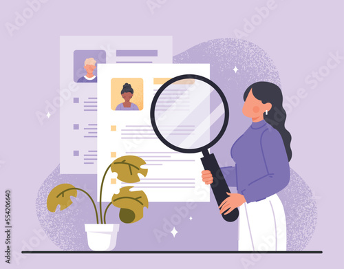 Candidate search concept. Young girl with magnifying glass evaluates resume or profile. HR manager workplace rating and ranking. Candidate for vacancy and recruitment. Cartoon flat vector illustration