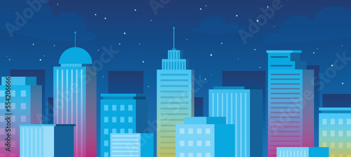 Cityscape in darkness. Night landscape  skyscrapers and urban architecture. Graphic element for website. Poster or banner. Highrise buildings concept. Cartoon flat vector illustration