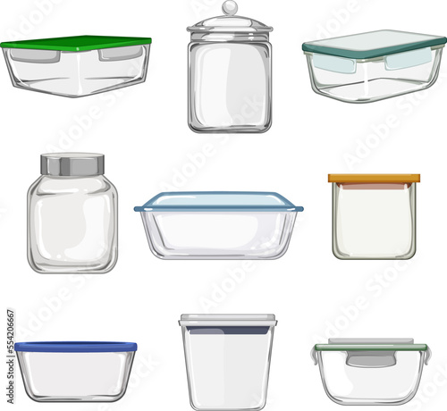 glass container set cartoon. food storage, kitchen empty, box bottle, jar clean, lunch glass container vector illustration
