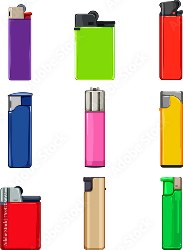 lighter fire set cartoon. flame gas, cigarette plastic, burn flammable, light tool, smoke lighter fire vector illustration