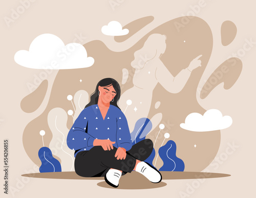 Concept of spirit separation. Girl sits in lotus position and sleeps, and spirit or ghost comes out of her. Imagination and fantasy, fairy tale. Magic and sorcery. Cartoon flat vector illustration