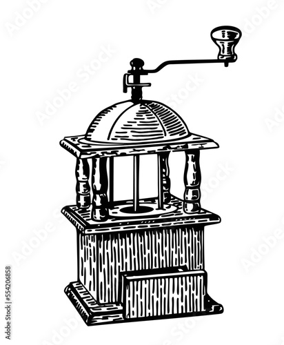 Vintage Manual Coffee mill. Hand drawn sketch style. Coffee Grinder vintage black vector engraving illustration for label, web