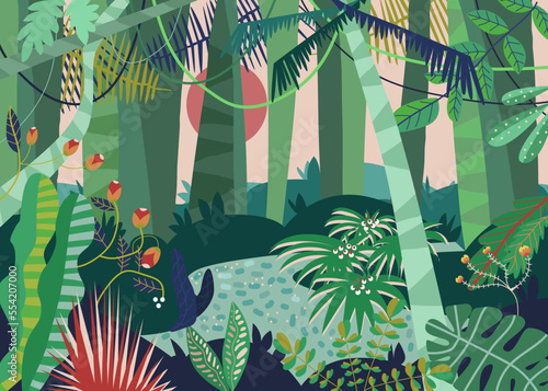 Tropical rainforest palm landscape, wild woodland sunset and sunrise, nature scenery area cartoon vector illustration. Hidden outdoor hike road.