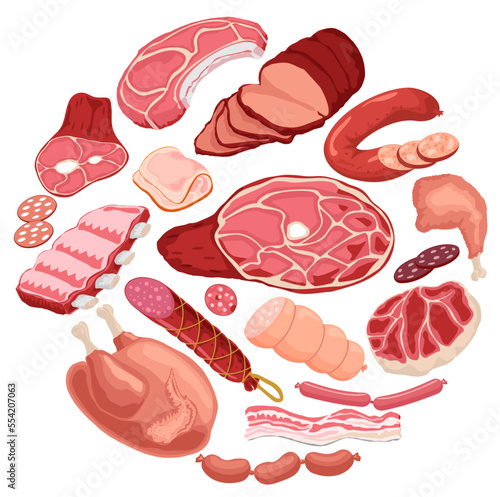 Meat set illustration. Fresh meat and boiled sausage, salami and chicken, bacon, raw sliced pork tenderloin and cooked ham for barbeque meal