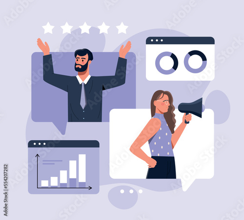 Digital marketing concept. Man and woman with graphs and charts, advertising. Modern technologies and digital world. Remote communication and interaction on Internet. Cartoon flat vector illustration