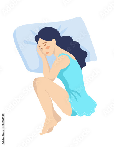 A young beautiful woman sleeps on her side with her legs crossed. Cute girl resting after a working or school day. Simple flat vector illustration in flat style. View from above.