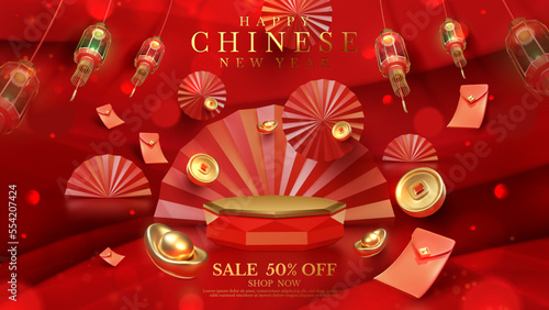 Red luxury background with product display podium element with 3d realistic chinese new year ornament and glitter light effect decoration and bokeh. Vector illustration.