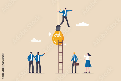 Initiative idea, leader or ambition to act to get solution and solve problem, courage to success or motivation and challenge concept, businessman initiate solution climb up lightbulb to get solution.