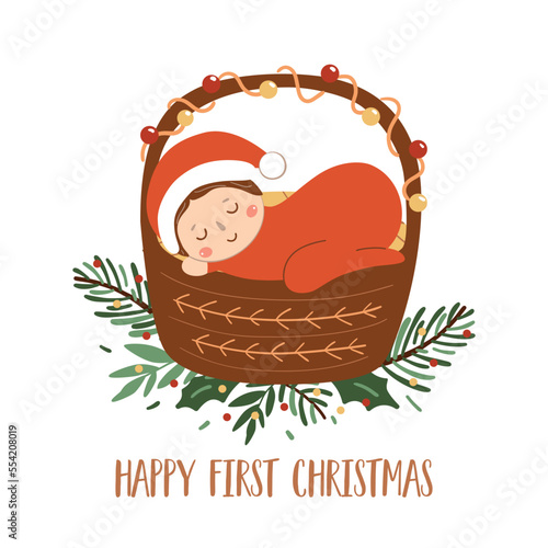 Baby first Christmas vector card with newborn baby sleeping in basket. Winter holiday cute baby in red costume illustration isolated element for greeting card. Merry Christmas, Happy New Year poster.