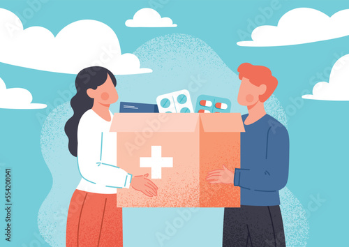Humanitarian aid concept. Man and woman with box of medicines and food. Volunteers and activists, charity and generosity. Donations and fund. Poster or banner. Cartoon flat vector illustration