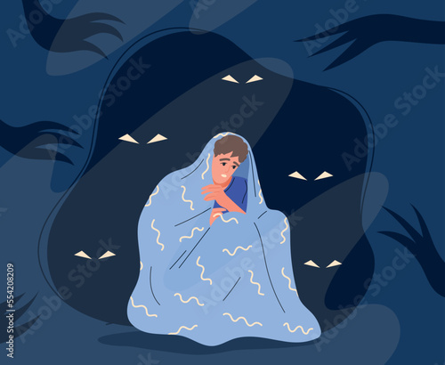 Man with nightmare. Young guy under blanket hides from eyes in dark. Phobia and fear, mental disorder and psychological problems. Poster or banner for website. Cartoon flat vector illustration
