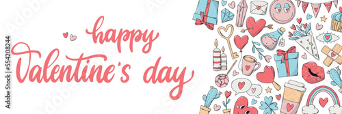 Valentine's day horizontal banner decorated with doodles and lettering quote on white background. Good for social media, templates, prints, cards, etc. EPS 10
