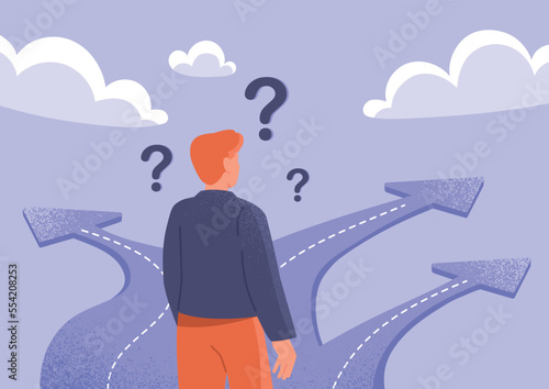 Path choice concept. Man stands at fork with three roads. Young guy determines path of life and makes decision. Metaphor for thought process. Graphic element for site. Cartoon flat vector illustration