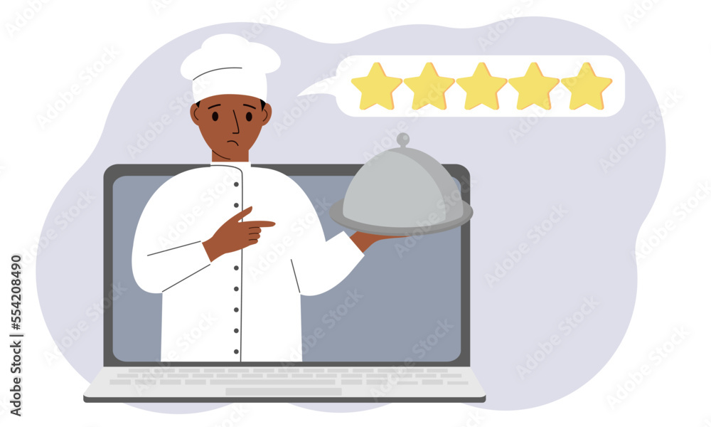 A site with reviews of online grocery shopping through a laptop or ordering fast food delivery. The cook holds a tray with a lid or a plate with a lid. A site with reviews of online grocery shopping through a laptop or ordering fast food delivery. The cook holds a tray with a lid or a plate with a lid.