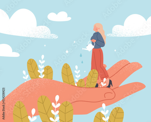 Psychology concept of self love. Girl stands on big hand and waters plants. Psychology, mental health, awareness and inner balance. Self acceptance and confidence. Cartoon flat vector illustration