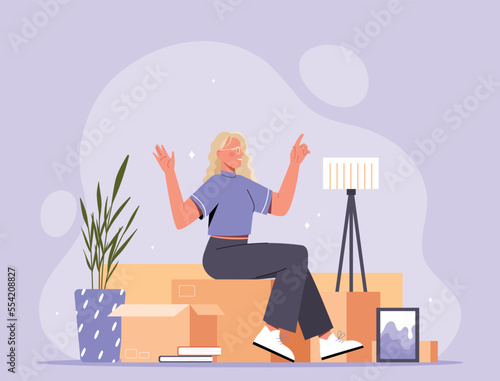 Concept of relocation. Young girl sits on boxes. Woman moves to another apartment or country. Migration and travel, vacation. Person packing or unpacking boxes. Cartoon flat vector illustration