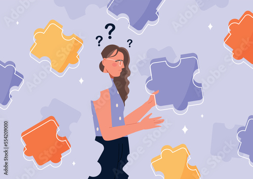 Self healing concept. Young girl with colorful puzzles. Mental health and psychology, awareness. Inner peace and balance. Creative personality, poster or banner. Cartoon flat vector illustration