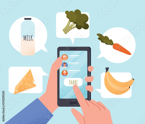 Sharing food online. Character with smartphone orders natural and organic products. Fruits and milk, vegan nutrition and diet. Online shopping and home delivery. Cartoon flat vector illustration