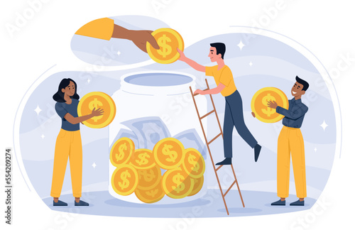 Social support concept. Men and woman with gold coins in their hands near glass jar. Charity, donations and generosity. Volunteers and activists, poster or banner. Cartoon flat vector illustration