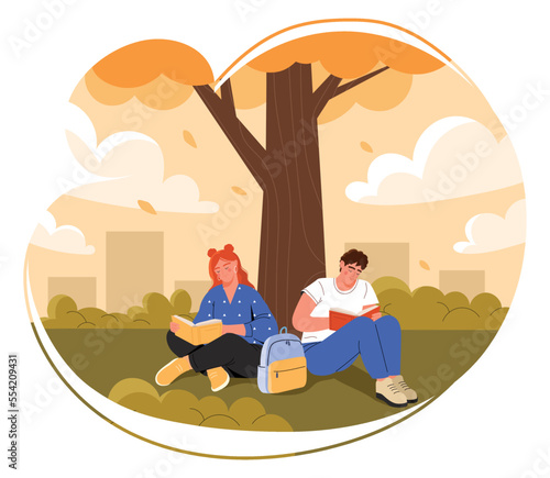 Studying under tree outside. Man and woman sitting outdoor and reading books. You doing your homework. Love of literature, education and training, selfdevelopment. Cartoon flat vector illustration