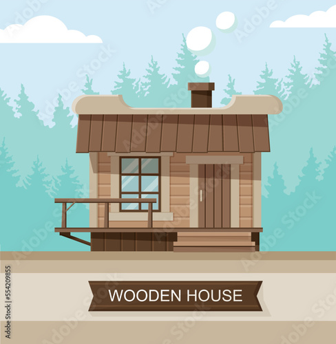 Wooden house concept. Cute building in forest, graphic element for website. Calmness and inner balance. Natural landscape, active lifestyle and hiking, outdoor. Cartoon flat vector illustration