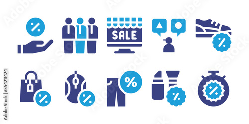 Sales icon set. Vector illustration. Containing discount, team, online shopping, options, black friday, computer mouse, trousers, cosmetics, stopwatch